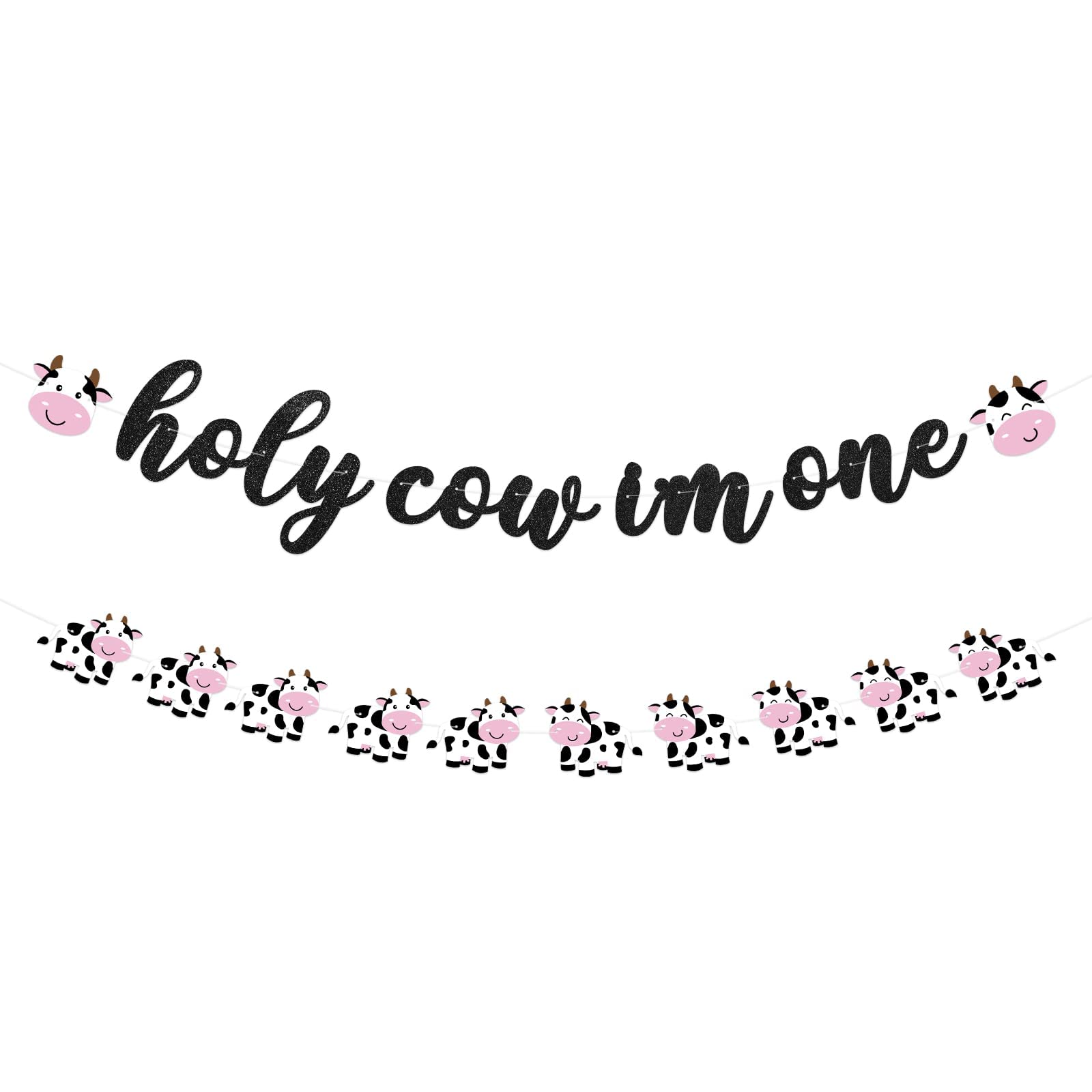 Holy Cow I'm One Banner for Cow Themed Birthday Party Glitter One Cow Banners Farm Animal Party Decorations Cow 1st Print Birthday Banners