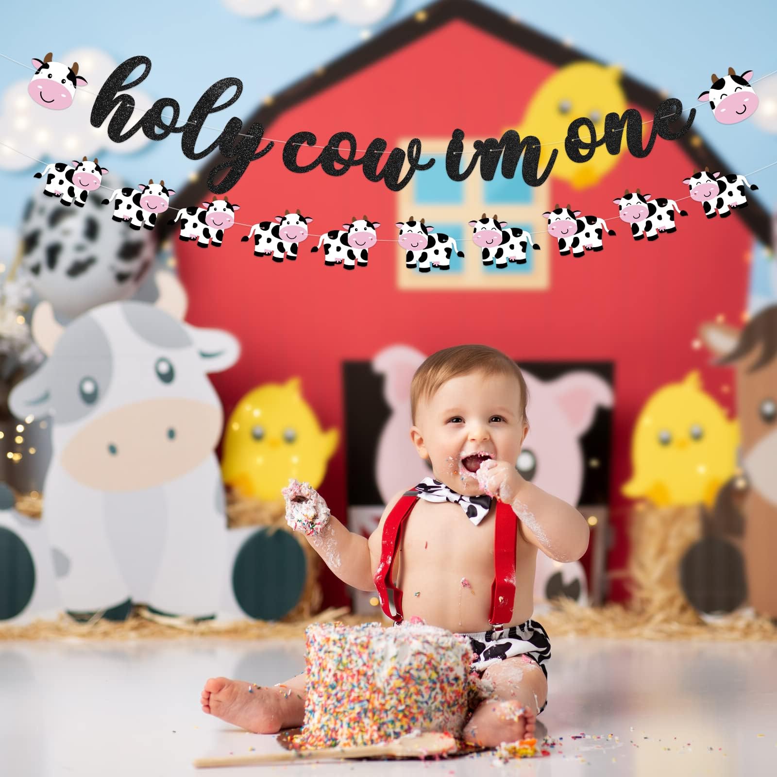 Holy Cow I'm One Banner for Cow Themed Birthday Party Glitter One Cow Banners Farm Animal Party Decorations Cow 1st Print Birthday Banners