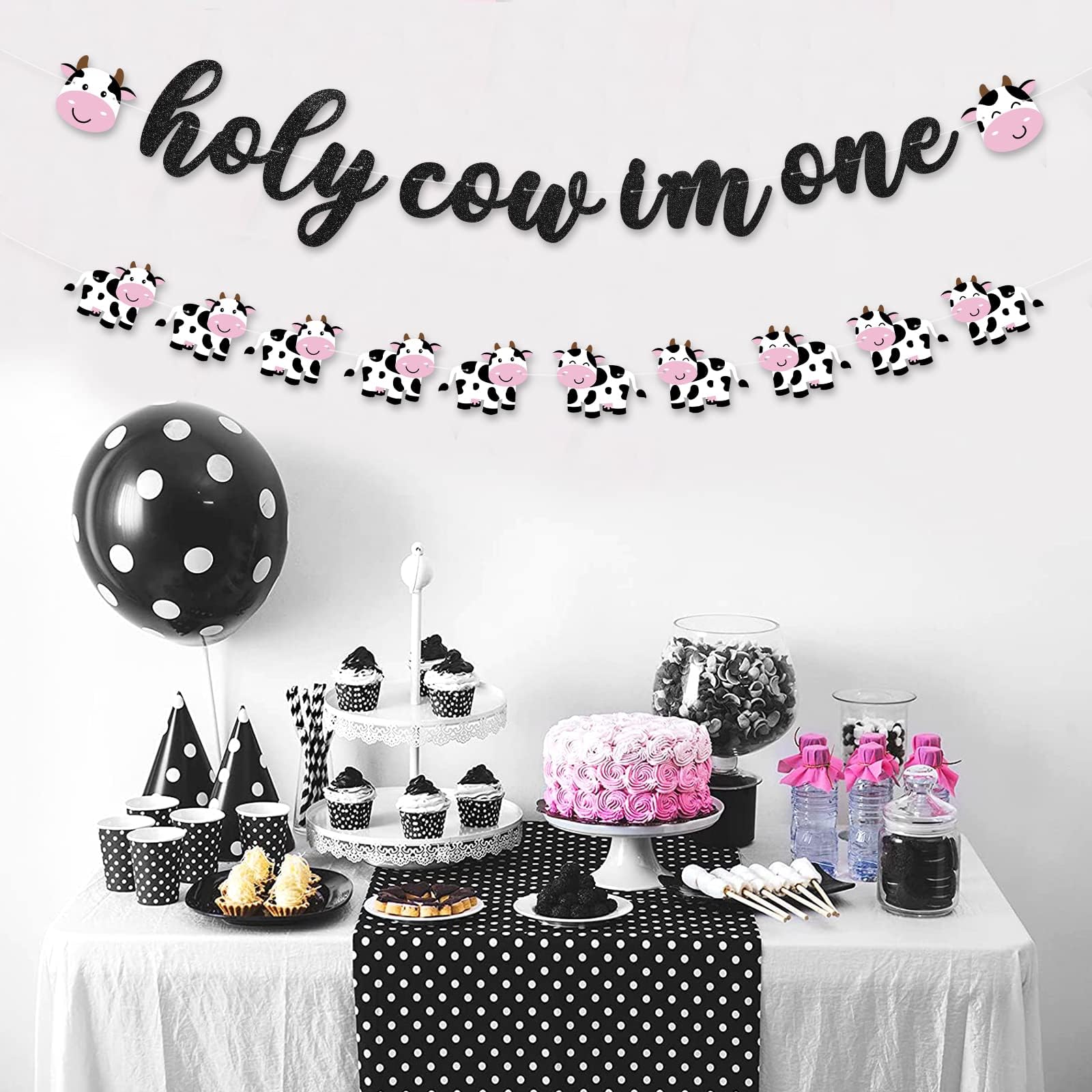 Holy Cow I'm One Banner for Cow Themed Birthday Party Glitter One Cow Banners Farm Animal Party Decorations Cow 1st Print Birthday Banners