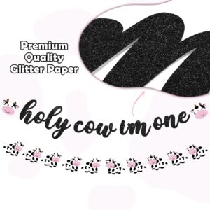 Holy Cow I'm One Banner for Cow Themed Birthday Party Glitter One Cow Banners Farm Animal Party Decorations Cow 1st Print Birthday Banners