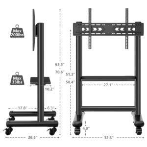 TVON Heavy Duty Mobile TV Cart for 50-92 Inch Large TVs up to 200 Lbs, Height Adjustable Rolling TV Stand with Shelf, Upgraded Floor TV Stand with Silent Wheels for Living Room, Office, Trade Show