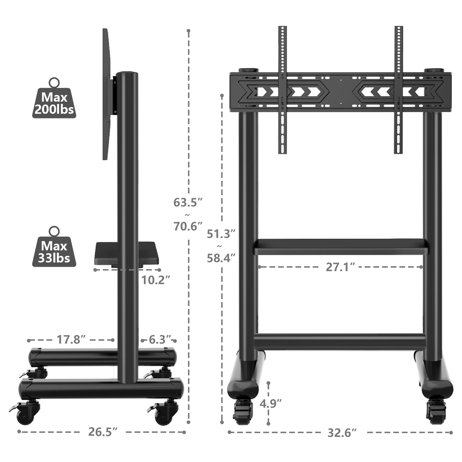 TVON Heavy Duty Mobile TV Cart for 50-92 Inch Large TVs up to 200 Lbs, Height Adjustable Rolling TV Stand with Shelf, Upgraded Floor TV Stand with Silent Wheels for Living Room, Office, Trade Show