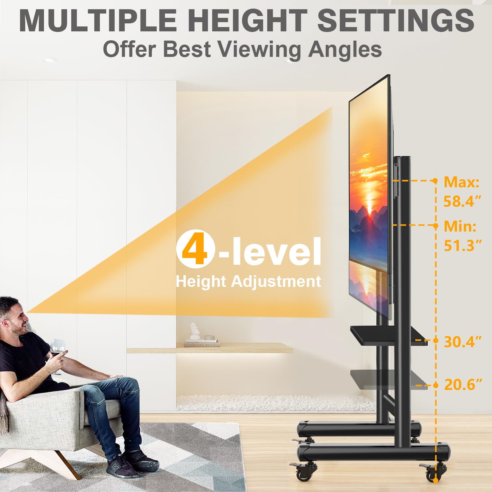 TVON Heavy Duty Mobile TV Cart for 50-92 Inch Large TVs up to 200 Lbs, Height Adjustable Rolling TV Stand with Shelf, Upgraded Floor TV Stand with Silent Wheels for Living Room, Office, Trade Show