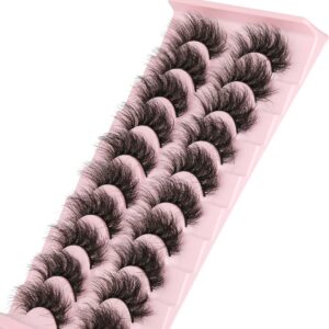 FANXITON Mink Lashes False Eyelashes Dramatic Fluffy Mink Lashes Wispy 19MM Curly Natural Look 3D Fake Eyelashes 10 Pairs Pack