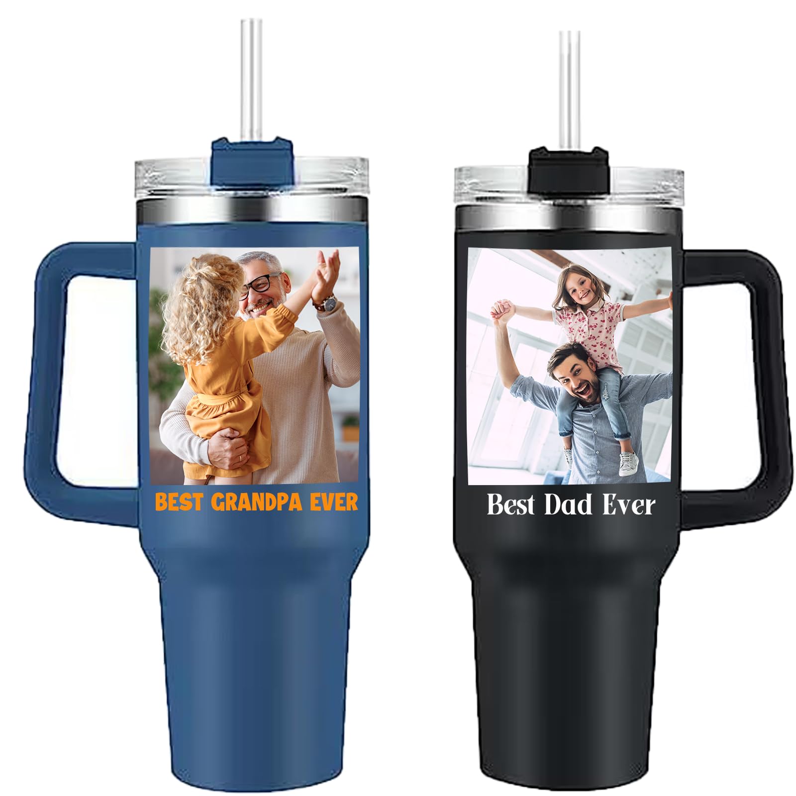 Personalized Photo Tumbler w/Handle, Custom Double Sides 40 OZ Travel Coffee Mug Stainless Steel Cup with Straw Lid, Customized Gift for Dad, Mom, Grandpa, Grandma