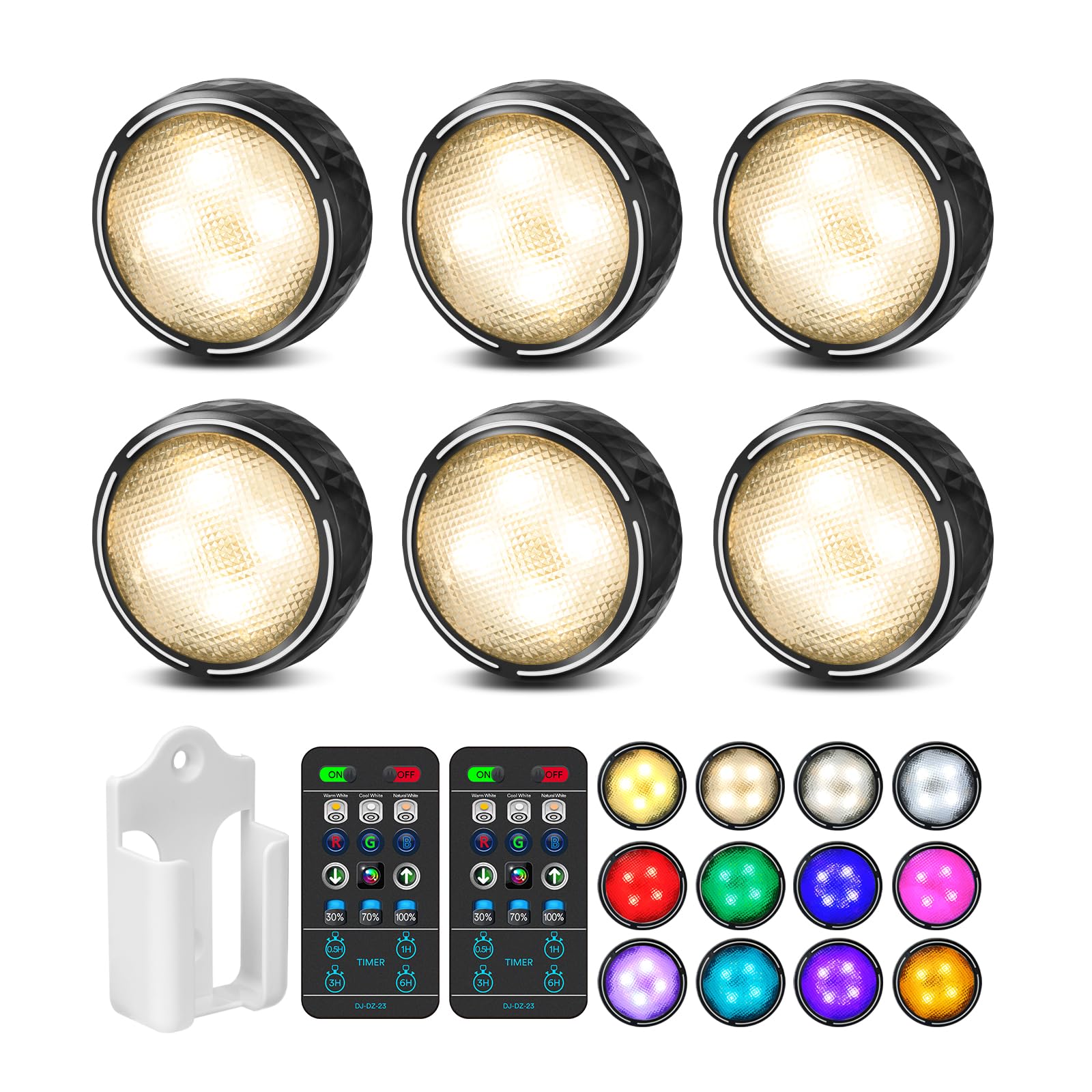 LED Puck Lights with Remote Control, Battery Operated Wireless Closet Lights, Under Cabinet Lighting Stick on Tap Push Lights, Color Changing Under Counter Lights for Kitchen, 6 Pack - Black