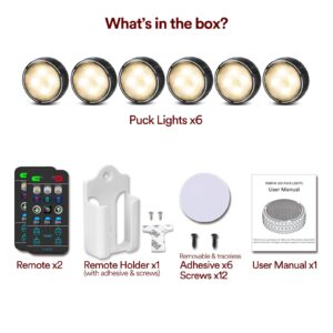 LED Puck Lights with Remote Control, Battery Operated Wireless Closet Lights, Under Cabinet Lighting Stick on Tap Push Lights, Color Changing Under Counter Lights for Kitchen, 6 Pack - Black