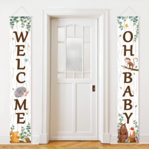 outdoor woodland animal porch sign for baby shower party decorations woodland animal baby shower banner baby hanging banner for home boy or girl woodland creatures forest welcome part supplies