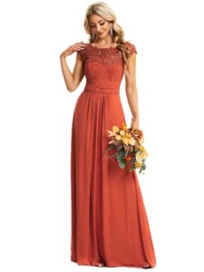 ever-pretty women's cap sleeve ruched lace a line round neck chiffon formal dresses evening gowns burnt orange us14