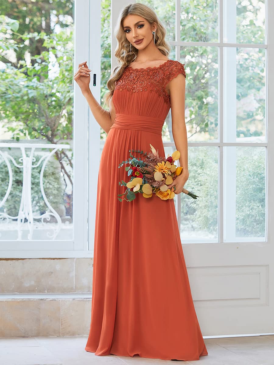 Ever-Pretty Women's Cap Sleeve Ruched Lace A Line Round Neck Chiffon Formal Dresses Evening Gowns Burnt Orange US14