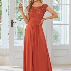 Ever-Pretty Women's Cap Sleeve Ruched Lace A Line Round Neck Chiffon Formal Dresses Evening Gowns Burnt Orange US14