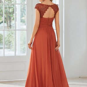 Ever-Pretty Women's Cap Sleeve Ruched Lace A Line Round Neck Chiffon Formal Dresses Evening Gowns Burnt Orange US14