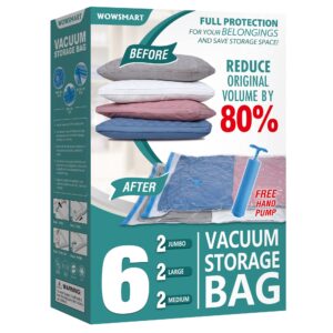 6 space saver vacuum storage bags, vacuum sealed storage bags (2 jumbo + 2 large + 2 medium) with hand pump, vacuum seal bags for clothing, comforters, pillows, towel, blanket storage, bedding