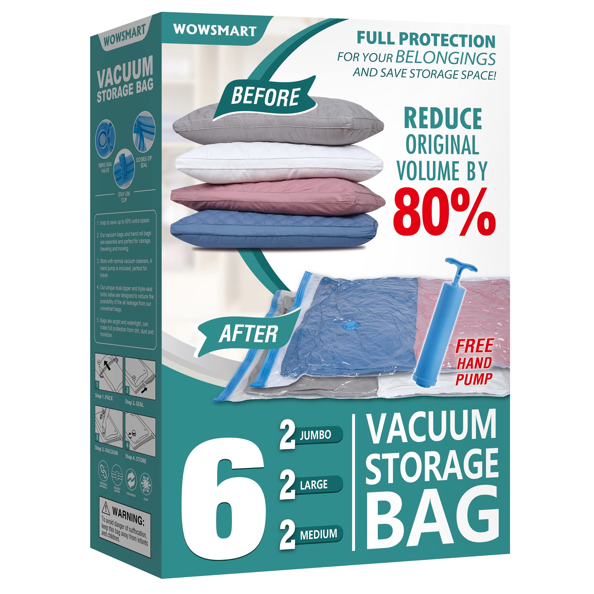 6 Space Saver Vacuum Storage Bags, Vacuum Sealed Storage Bags (2 Jumbo + 2 Large + 2 Medium) with Hand Pump, Vacuum Seal Bags for Clothing, Comforters, Pillows, Towel, Blanket Storage, Bedding