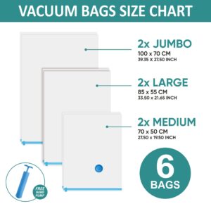 6 Space Saver Vacuum Storage Bags, Vacuum Sealed Storage Bags (2 Jumbo + 2 Large + 2 Medium) with Hand Pump, Vacuum Seal Bags for Clothing, Comforters, Pillows, Towel, Blanket Storage, Bedding