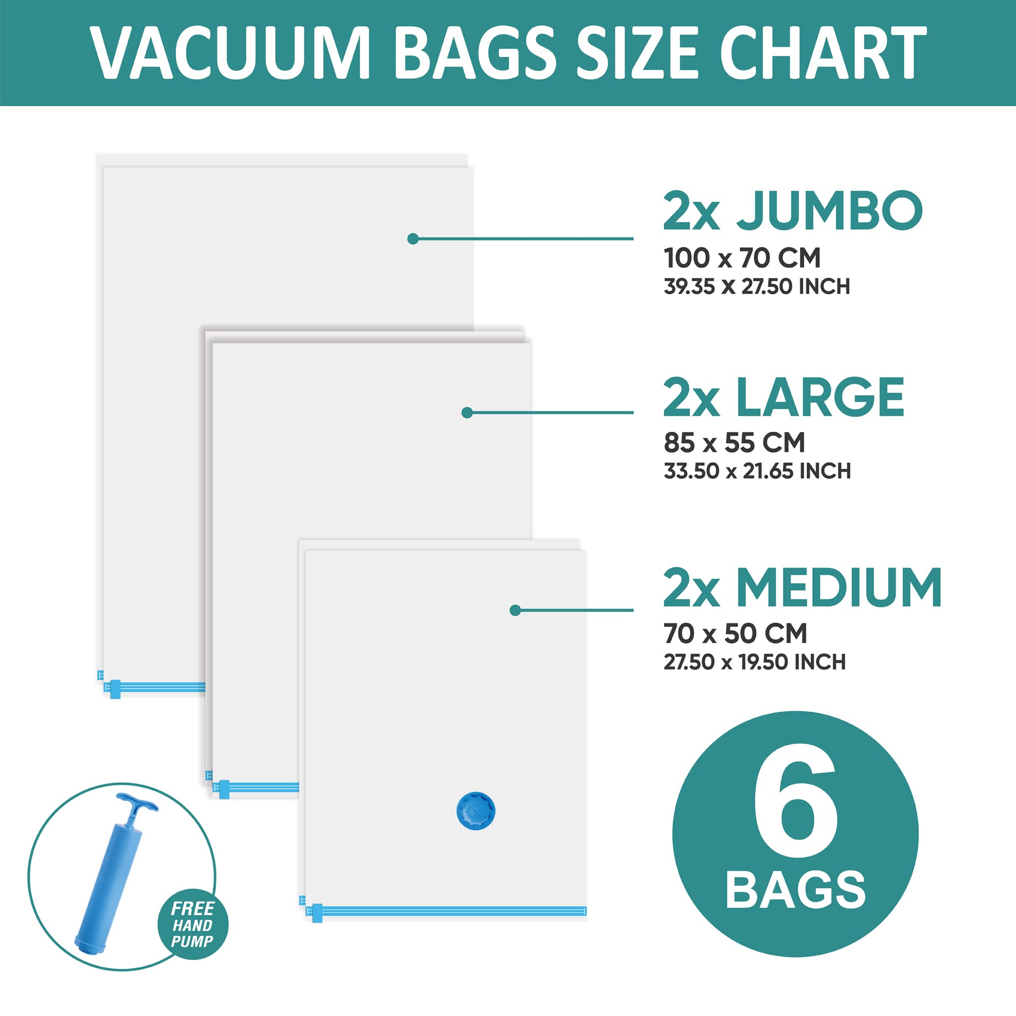 6 Space Saver Vacuum Storage Bags, Vacuum Sealed Storage Bags (2 Jumbo + 2 Large + 2 Medium) with Hand Pump, Vacuum Seal Bags for Clothing, Comforters, Pillows, Towel, Blanket Storage, Bedding