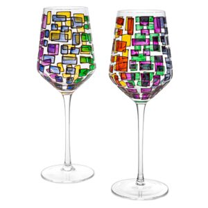 artisanal hand painted stemmed wine glasses - gift for, friends, girlfriends, sagrada renaissance stain-glassed windows wines glass set of 2 - gift idea for birthday, housewarming, extra large goblets