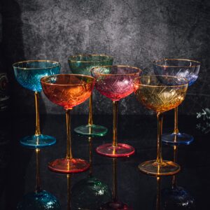 Vintage Art Deco Coupe for Champagne, Martini, Cocktails | Set of 6 | 7 oz Classic Cocktail Glassware - Manhattan, Cosmopolitan, Sidecar, Crystal Speakeasy Style Saucer Goblets Coupes with Stems