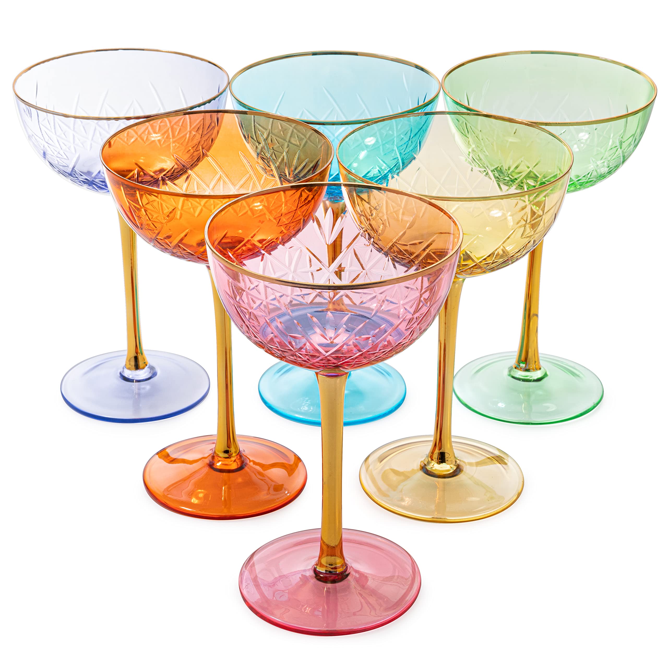 Vintage Art Deco Coupe for Champagne, Martini, Cocktails | Set of 6 | 7 oz Classic Cocktail Glassware - Manhattan, Cosmopolitan, Sidecar, Crystal Speakeasy Style Saucer Goblets Coupes with Stems