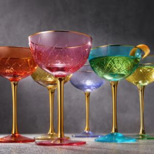 Vintage Art Deco Coupe for Champagne, Martini, Cocktails | Set of 6 | 7 oz Classic Cocktail Glassware - Manhattan, Cosmopolitan, Sidecar, Crystal Speakeasy Style Saucer Goblets Coupes with Stems