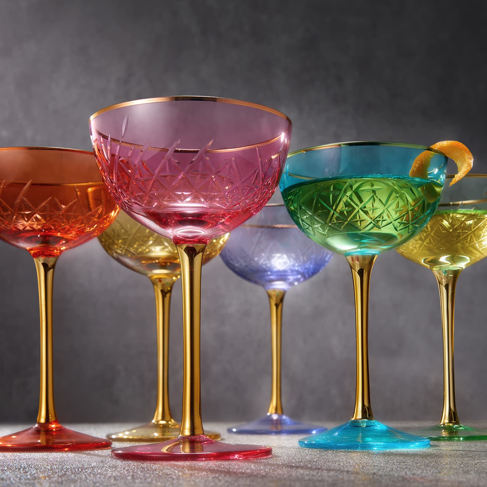 Vintage Art Deco Coupe for Champagne, Martini, Cocktails | Set of 6 | 7 oz Classic Cocktail Glassware - Manhattan, Cosmopolitan, Sidecar, Crystal Speakeasy Style Saucer Goblets Coupes with Stems