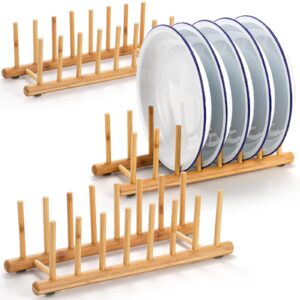 dicunoy 3 pack wooden plate holder, bamboo wood peg dish racks, pot lid holder organizer drying rack for kitchen cabinets, bowls, coasters, cups, cutting board, food container lids