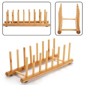 Dicunoy 3 Pack Wooden Plate Holder, Bamboo Wood Peg Dish Racks, Pot Lid Holder Organizer Drying Rack for Kitchen Cabinets, Bowls, Coasters, Cups, Cutting Board, Food Container Lids