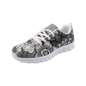 wanyint women's sneakers mandala flower boho bohemian lace-up mesh road running shoes plants floral print tennis shoes jogging shoes black white design