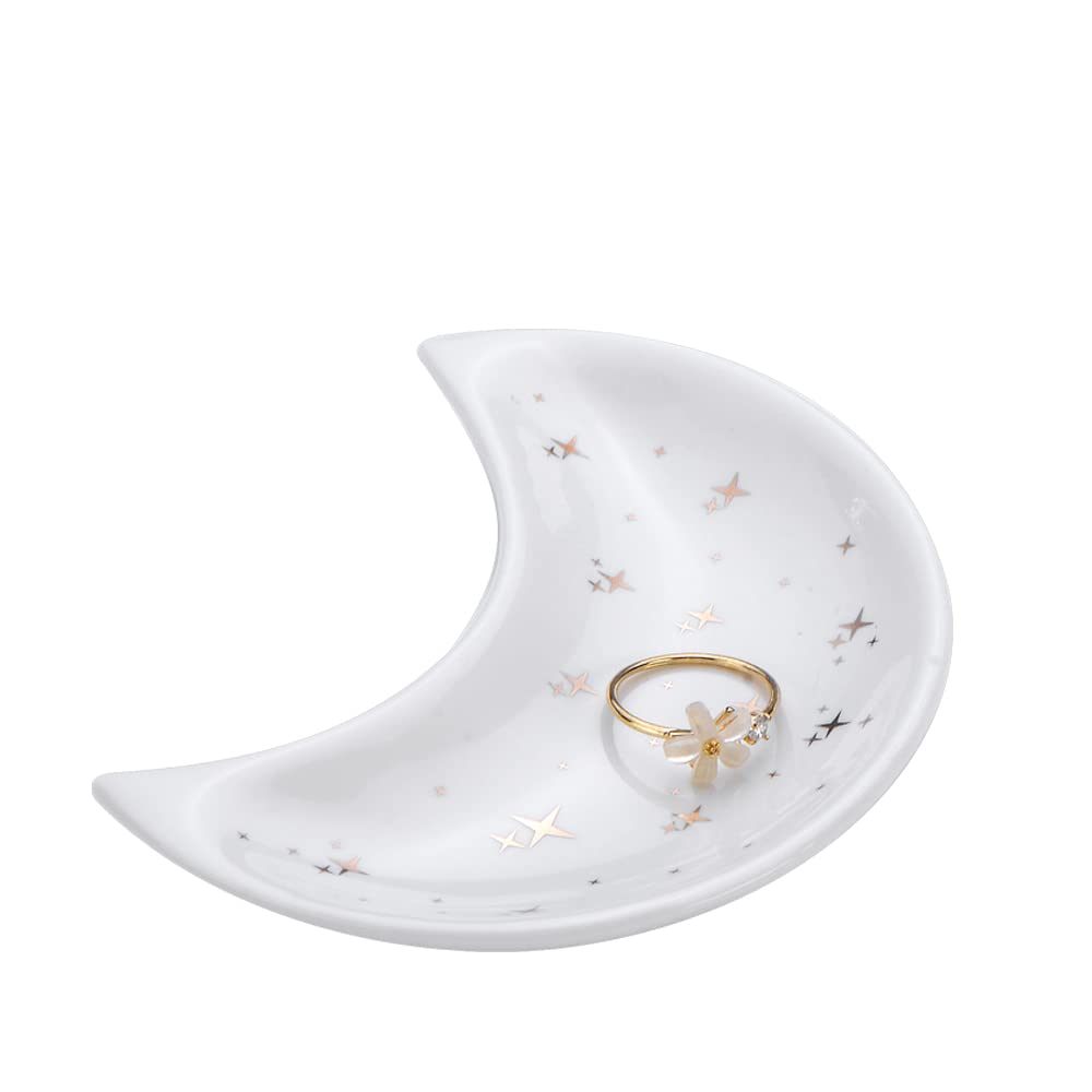 JAMEND CLXP Small Moon Jewelry Tray, Shining Stars Engagement Ring Tray, White Ring Dish for Women Girls in Vanity Bathroom. Decorative Trinket Tray for Organizing Necklace Earrings Keys, Ceramic.