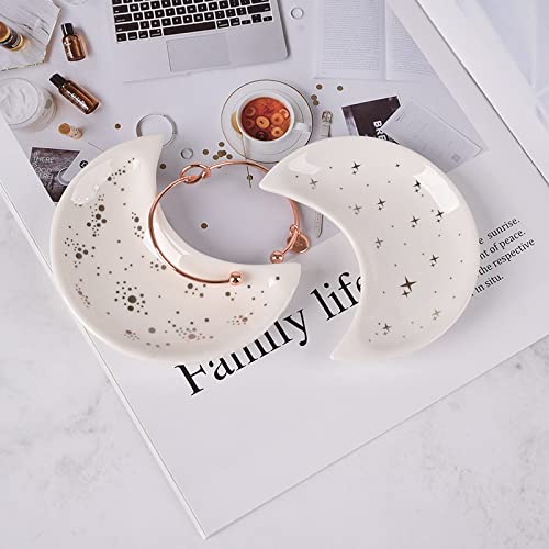 JAMEND CLXP Small Moon Jewelry Tray, Shining Stars Engagement Ring Tray, White Ring Dish for Women Girls in Vanity Bathroom. Decorative Trinket Tray for Organizing Necklace Earrings Keys, Ceramic.