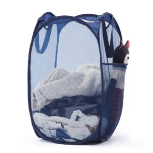 collapsible mesh pop up laundry hamper with sturdy handles and side pocket - portable foldable clothes baskets for dorm, bathroom & travel storage(blue)