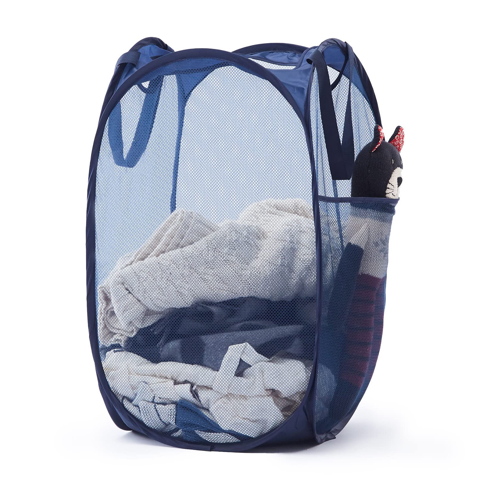 Collapsible Mesh Pop Up Laundry Hamper with Sturdy Handles and Side Pocket - Portable Foldable Clothes Baskets for Dorm, Bathroom & Travel Storage(Blue)