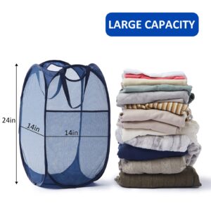 Collapsible Mesh Pop Up Laundry Hamper with Sturdy Handles and Side Pocket - Portable Foldable Clothes Baskets for Dorm, Bathroom & Travel Storage(Blue)