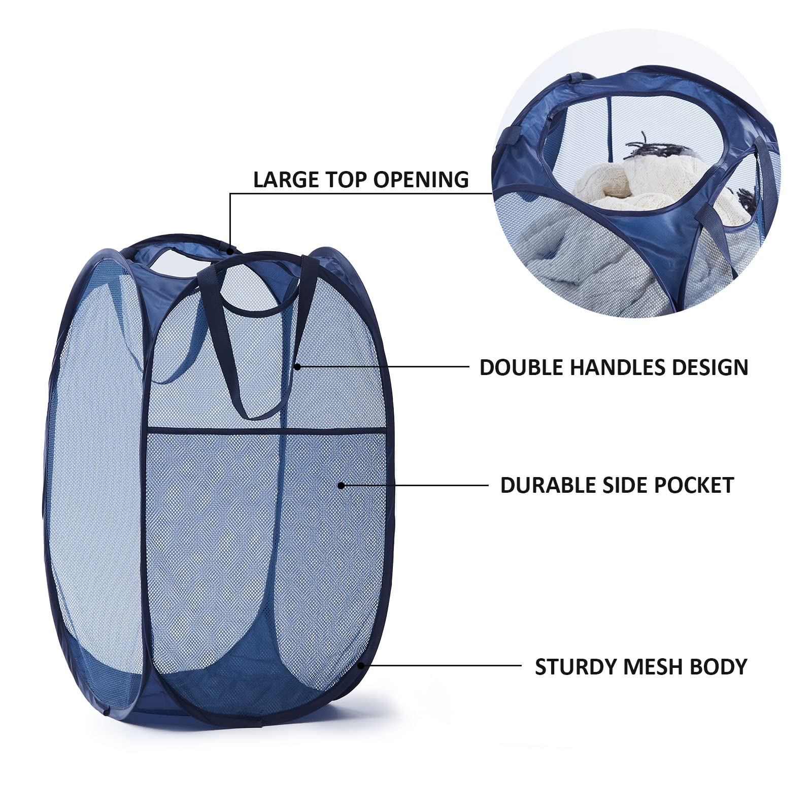 Collapsible Mesh Pop Up Laundry Hamper with Sturdy Handles and Side Pocket - Portable Foldable Clothes Baskets for Dorm, Bathroom & Travel Storage(Blue)