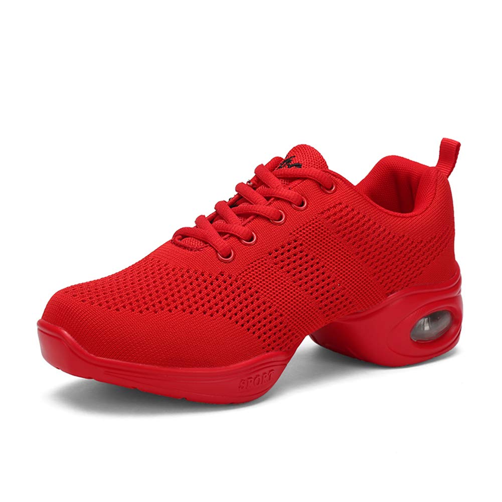 DKZSYIM Men and Women's Modern Dance Sneakers Lace-up Breathable Ballroom Performance Practice Dancing Sneakers,876-Red,6 US