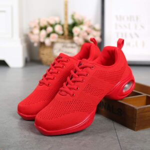 DKZSYIM Men and Women's Modern Dance Sneakers Lace-up Breathable Ballroom Performance Practice Dancing Sneakers,876-Red,6 US