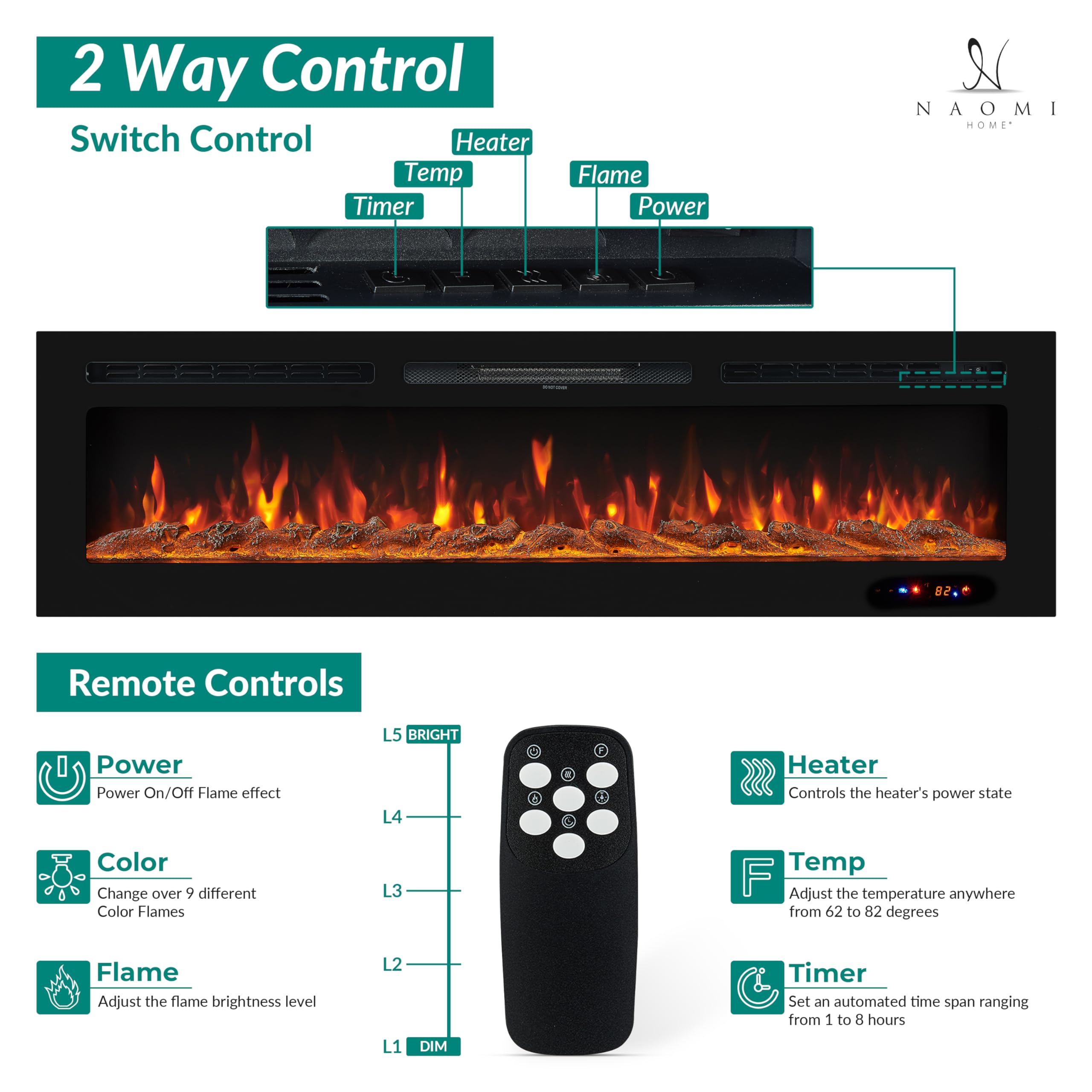 Naomi Home Kimball Electric Fireplace, Recessed & Wall Mounted Electric Fireplace, Remote Control with Timer, 9 Adjustable Color, WiFi Black/60 inches