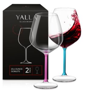 yalla red wine glasses set of 2, white wine glasses, colored wine glasses, long stem wine glasses, metal stem large wine glass, cute - cool - fancy - colorful crystal wine glasses (pink & turquoise)