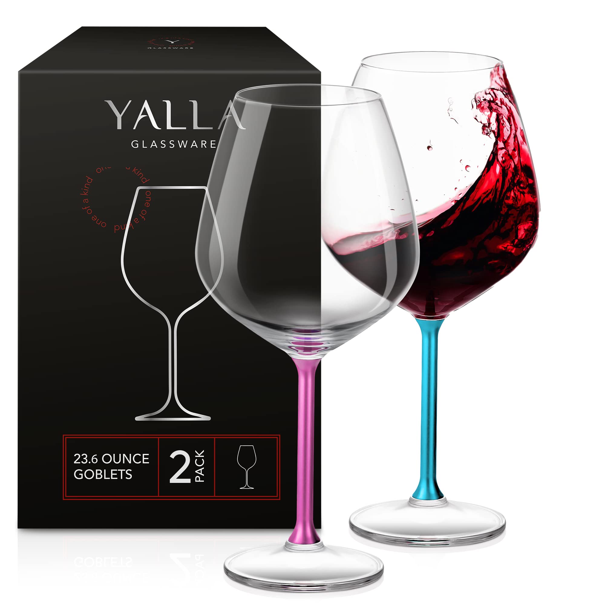 Yalla Red Wine Glasses Set of 2, White Wine Glasses, Colored Wine Glasses, Long Stem Wine Glasses, Metal Stem Large Wine Glass, Cute - Cool - Fancy - Colorful Crystal Wine Glasses (Pink & Turquoise)