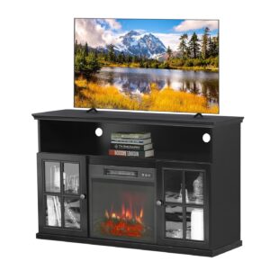 mfstudio farmhouse electric fireplace tv stand for tv's up to 55" media entertainment center console with insert fireplace and adjustable shelves storage cabinet chest for living room, black