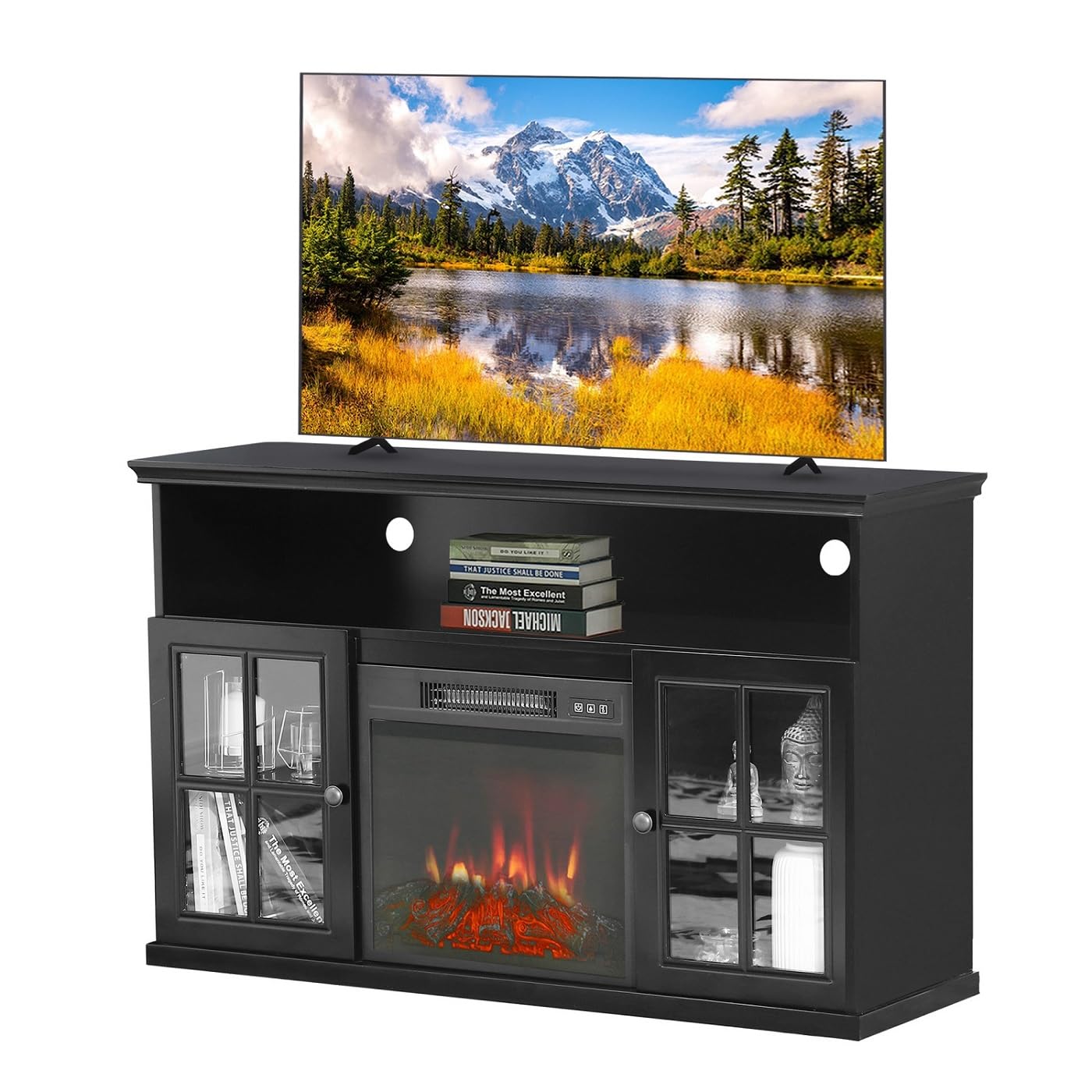 MFSTUDIO Farmhouse Electric Fireplace TV Stand for TV's Up to 55" Media Entertainment Center Console with Insert Fireplace and Adjustable Shelves Storage Cabinet Chest for Living Room, Black