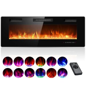rintuf electric fireplace, 60’’ recessed & wall mounted electric fireplace inserts, wall fireplace electric with remote control, low noise, touch screen, adjustable flame color/speed, 750/1500w