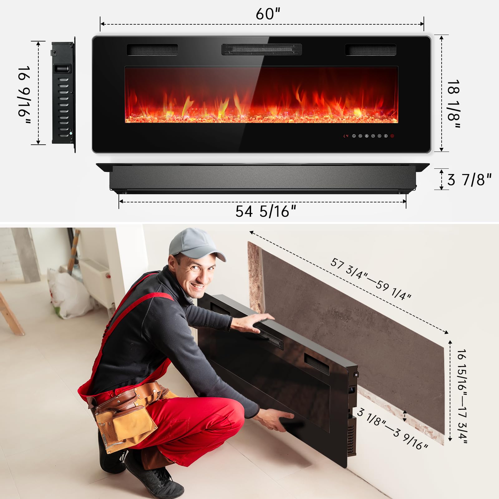 Rintuf Electric Fireplace, 60’’ Recessed & Wall Mounted Electric Fireplace Inserts, Wall Fireplace Electric with Remote Control, Low Noise, Touch Screen, Adjustable Flame Color/Speed, 750/1500W