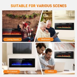 Rintuf Electric Fireplace, 60’’ Recessed & Wall Mounted Electric Fireplace Inserts, Wall Fireplace Electric with Remote Control, Low Noise, Touch Screen, Adjustable Flame Color/Speed, 750/1500W