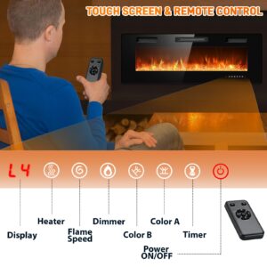 Rintuf Electric Fireplace, 60’’ Recessed & Wall Mounted Electric Fireplace Inserts, Wall Fireplace Electric with Remote Control, Low Noise, Touch Screen, Adjustable Flame Color/Speed, 750/1500W