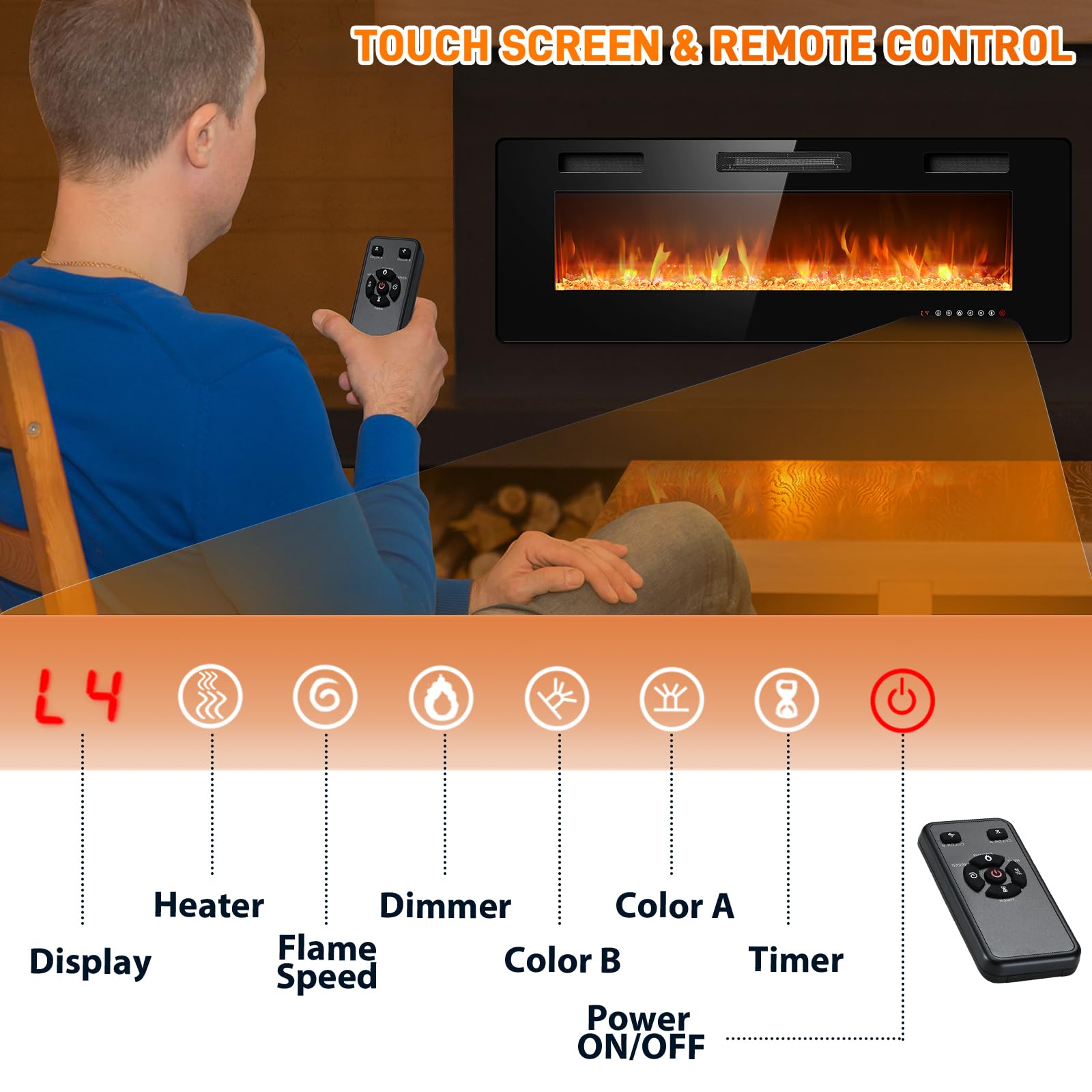 Rintuf Electric Fireplace, 60’’ Recessed & Wall Mounted Electric Fireplace Inserts, Wall Fireplace Electric with Remote Control, Low Noise, Touch Screen, Adjustable Flame Color/Speed, 750/1500W