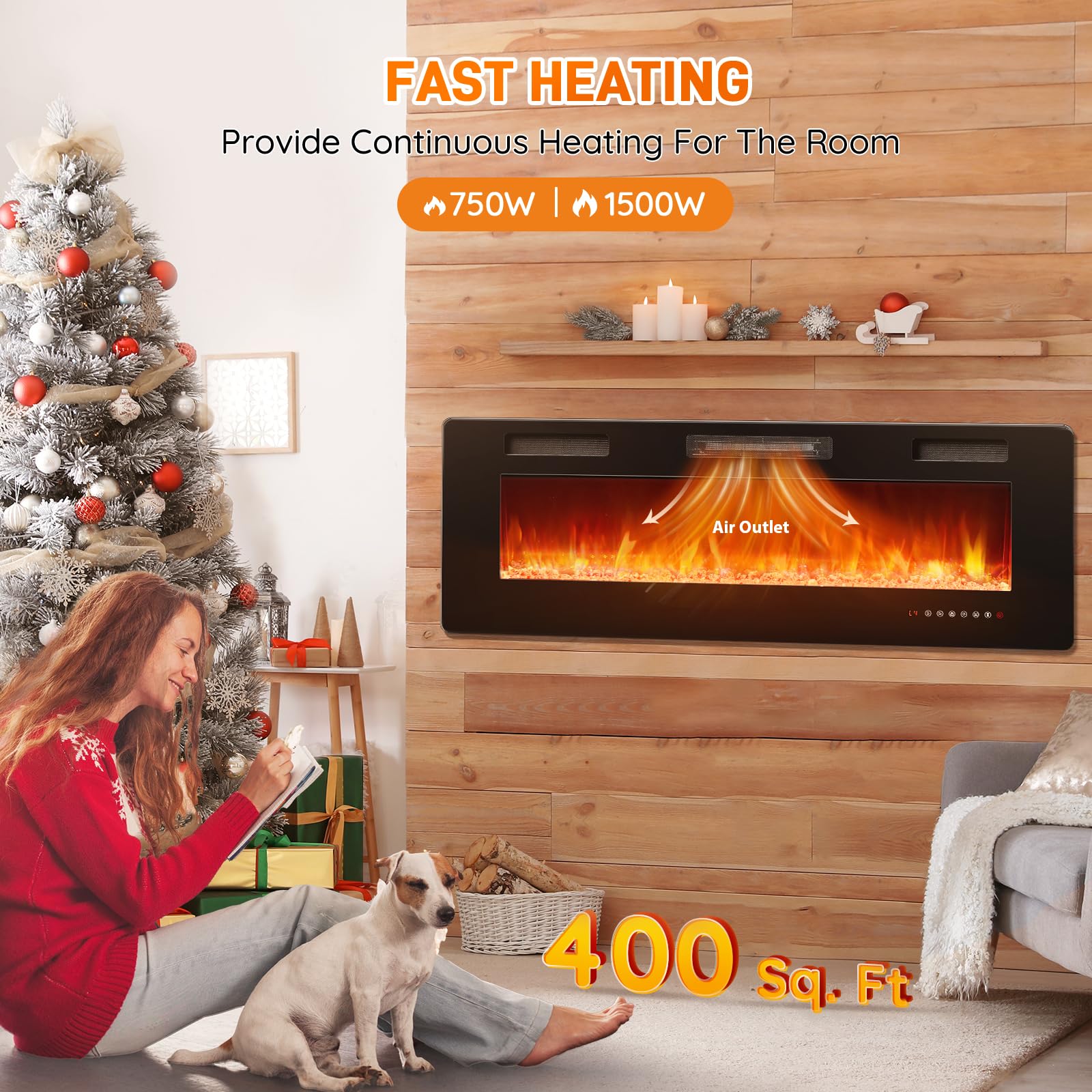 Rintuf Electric Fireplace, 60’’ Recessed & Wall Mounted Electric Fireplace Inserts, Wall Fireplace Electric with Remote Control, Low Noise, Touch Screen, Adjustable Flame Color/Speed, 750/1500W