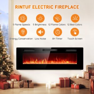 Rintuf Electric Fireplace, 60’’ Recessed & Wall Mounted Electric Fireplace Inserts, Wall Fireplace Electric with Remote Control, Low Noise, Touch Screen, Adjustable Flame Color/Speed, 750/1500W