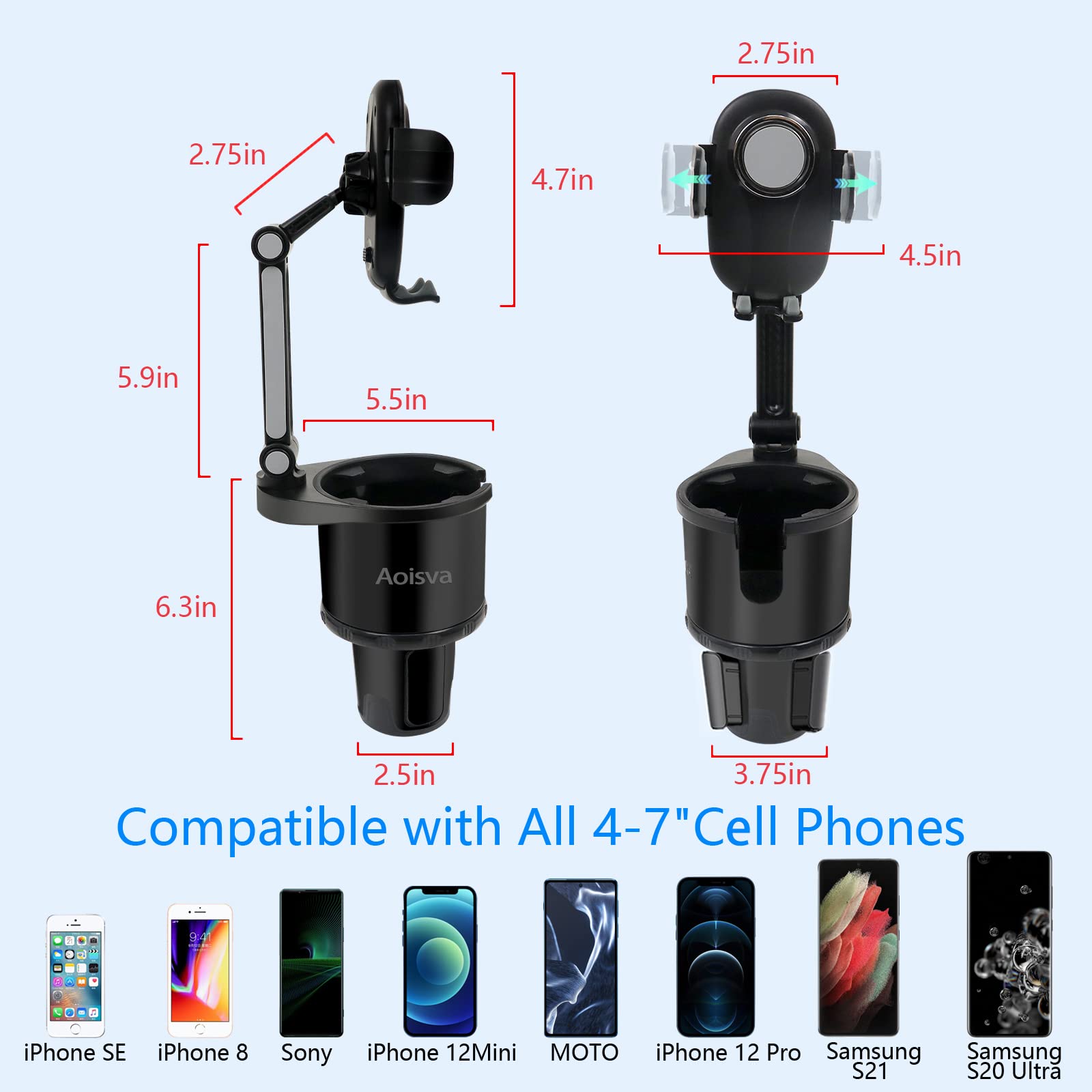 Aoisva Car Cup Holder Phone Mount Adjustable Base with 360° Rotation Universal Multifunctional Cup Holder Cell Phone Holder for Car Fits Any iPhone & Galaxy & All Smartphones [Upgrade 2 in 1]