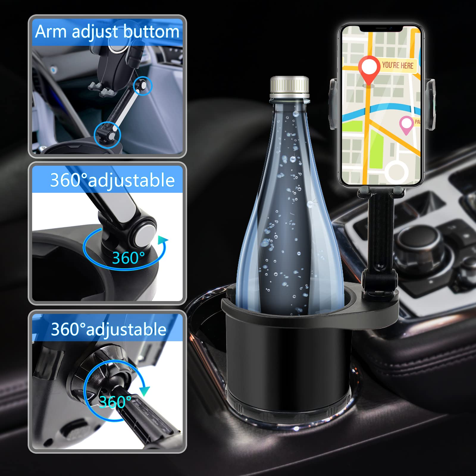 Aoisva Car Cup Holder Phone Mount Adjustable Base with 360° Rotation Universal Multifunctional Cup Holder Cell Phone Holder for Car Fits Any iPhone & Galaxy & All Smartphones [Upgrade 2 in 1]